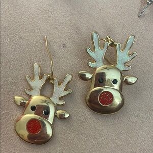 Gold and Red Reindeer Christmas Earrings Jewelry